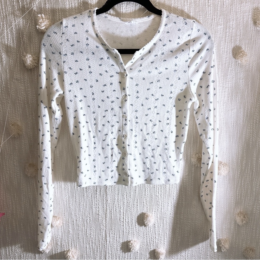 Garage White Floral Button-Down Pointelle Long Sleeve